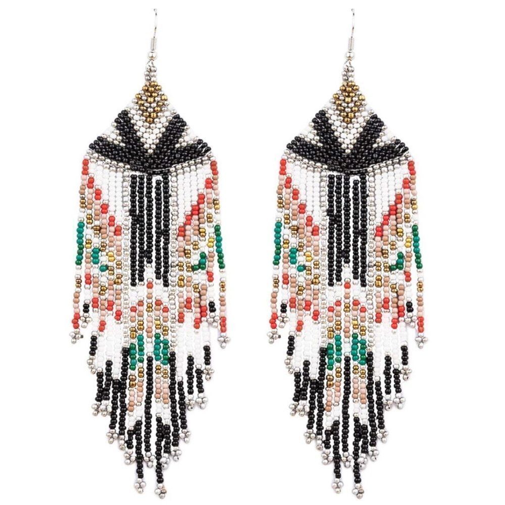Southwestern Boho Seed Bead Tassel Dangling Statement French Wire Hook Earrings